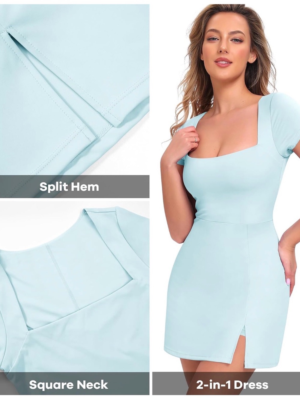 Light Blue Square Neck Tennis Dress with built-in shorts and pocket - soft! - Picture 8 of 11